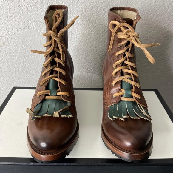 FREEBIRD BY Steven 'Robertson Combat Green Fringe Boot Brown Leather Womens 8 US - Picture 1 of 12